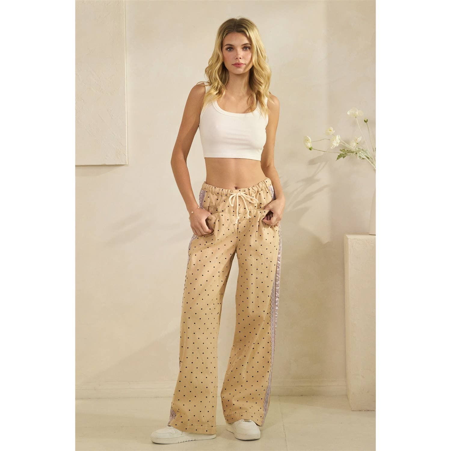 Polka Dot Pants with Satin Contrast Accents - BFF Here