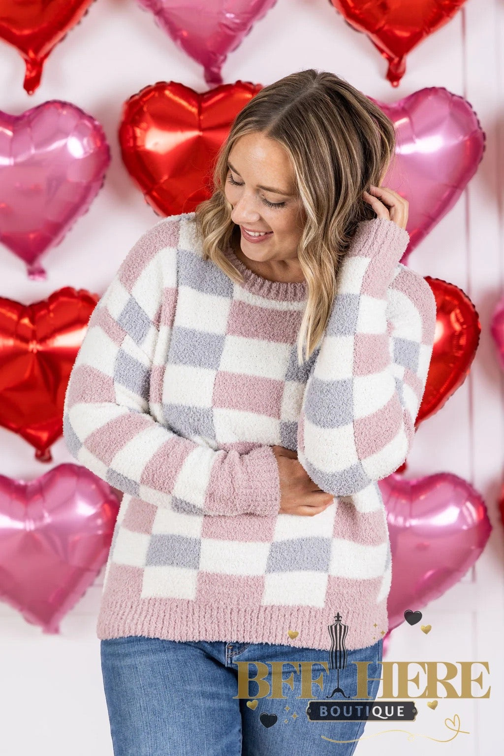 Cozy Checkmate Sweater – Pink & Grey Plaid - BFF Here