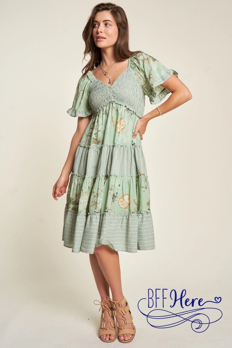 PREORDER: Botanical Bliss: Striped & Floral Smocked Ruffle-Tiered Dress (Ships Middle of February) - BFF Here