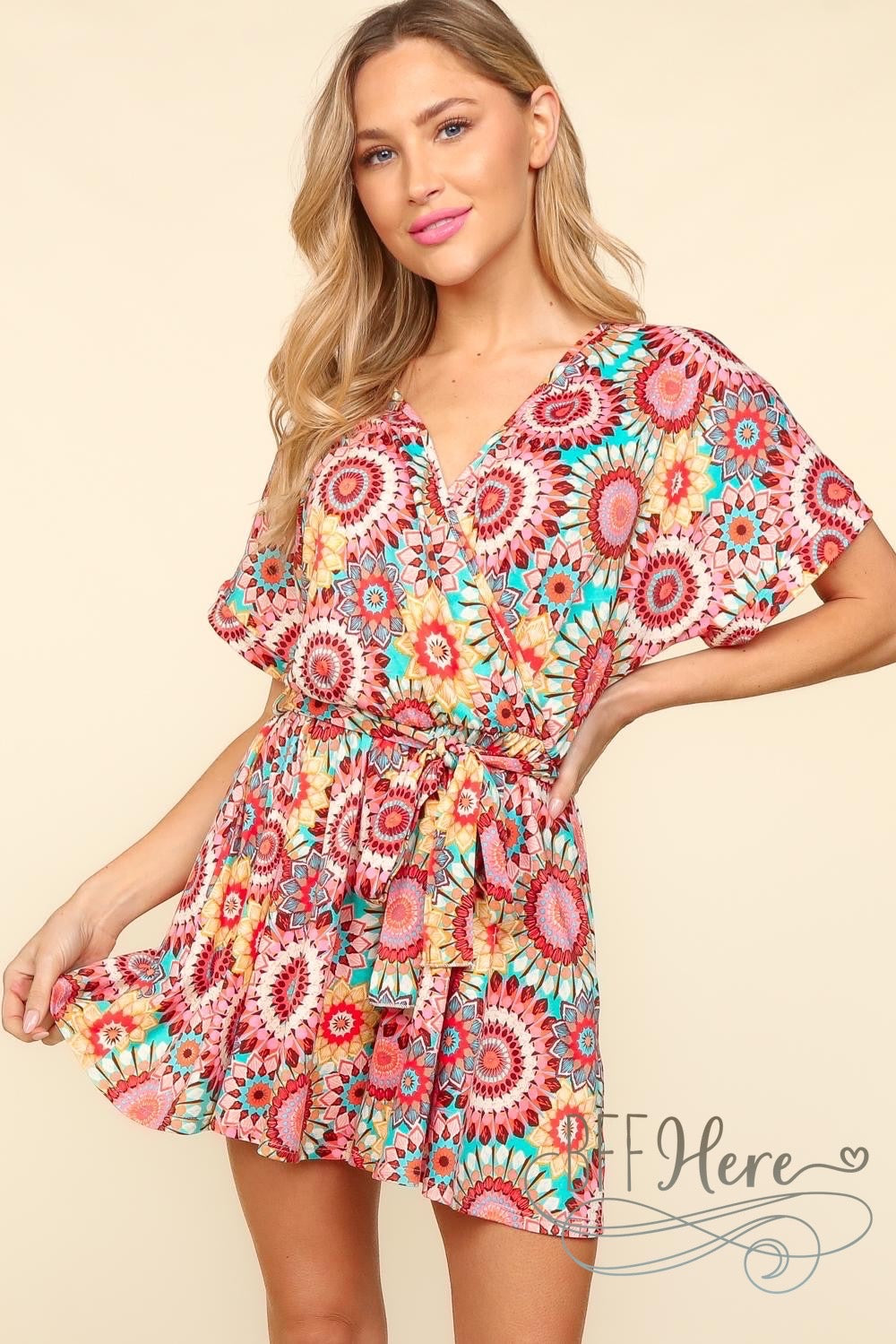 PREORDER: Sunset Mosaic: Vibrant Print Wrap Romper (Ships End of May) - BFF Here