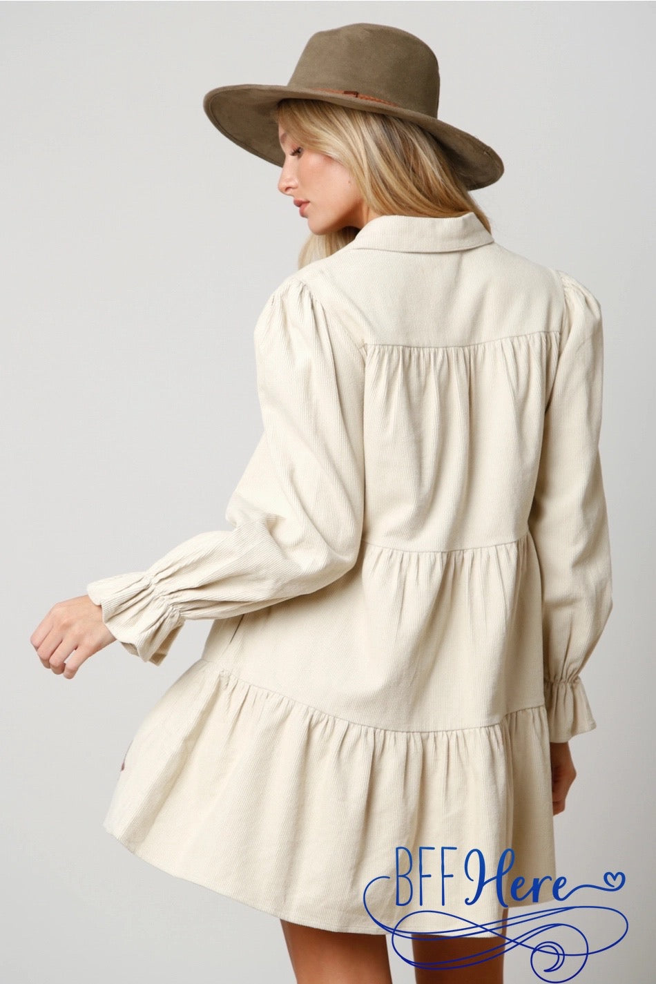 Celestial Sparkle: Star Sequin Corduroy Tiered Shirt Dress - BFF Here