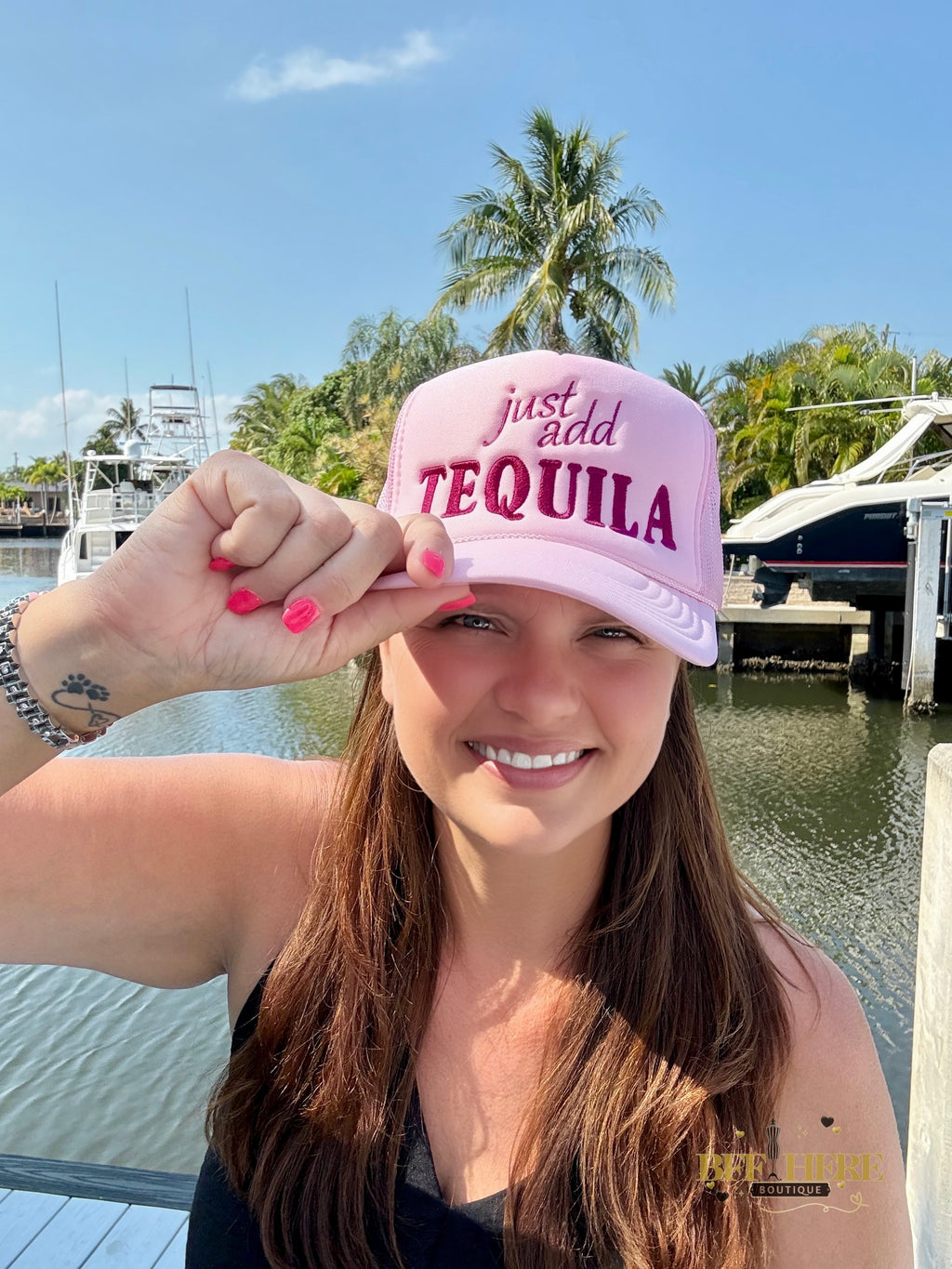 Just Add Tequila Embroidered Trucker Hat - BFF Here