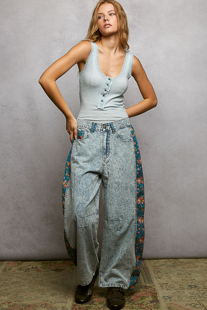 Relaxed Fit Contrast Stitch Dart Detail Floral Pants by POL (Ships 2-3 weeks) - BFF Here