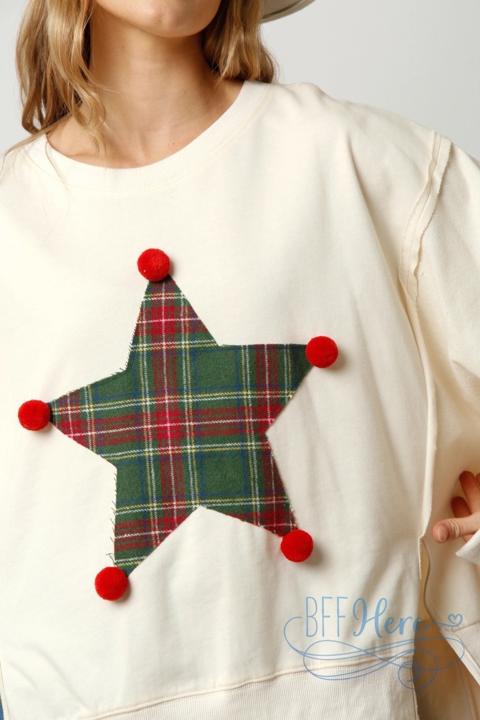 Whimsical Star Plaid Pom Pom Sweatshirt - BFF Here