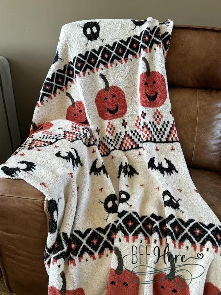 PREORDER: Spooky Snuggles Halloween Faire Isles Blanket / White (Ships Middle of September) - BFF Here