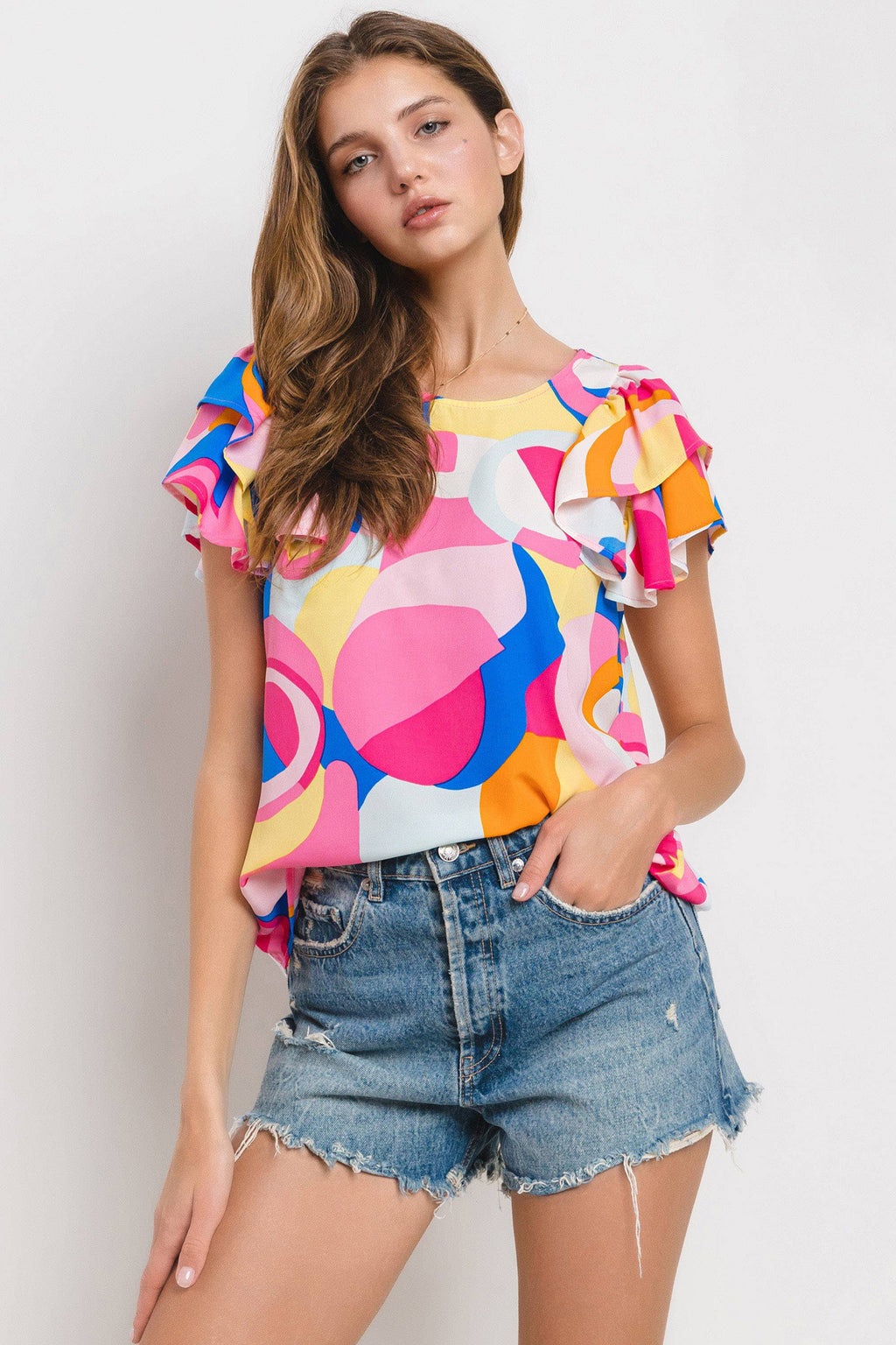 Abstract Sunshine Geometric Ruffle Sleeve Top / Choice of Color - BFF Here
