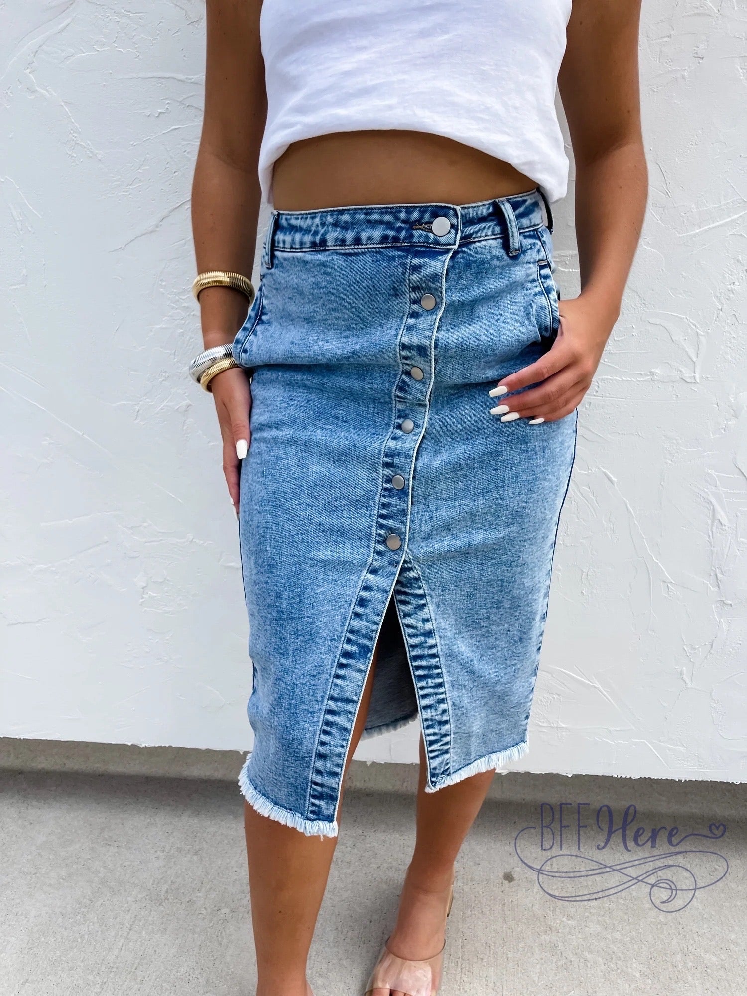 PREORDER: Denim Dreams: Asymmetrical Front-Button Denim Skirt  (Ships Middle Of October) - BFF Here