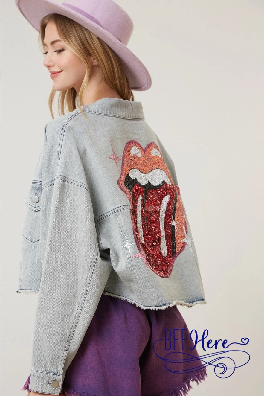 PREORDER: Rock 'n' Sparkle: Sequined Rolling Stones Denim Jacket (Ships Middle of February ) - BFF Here