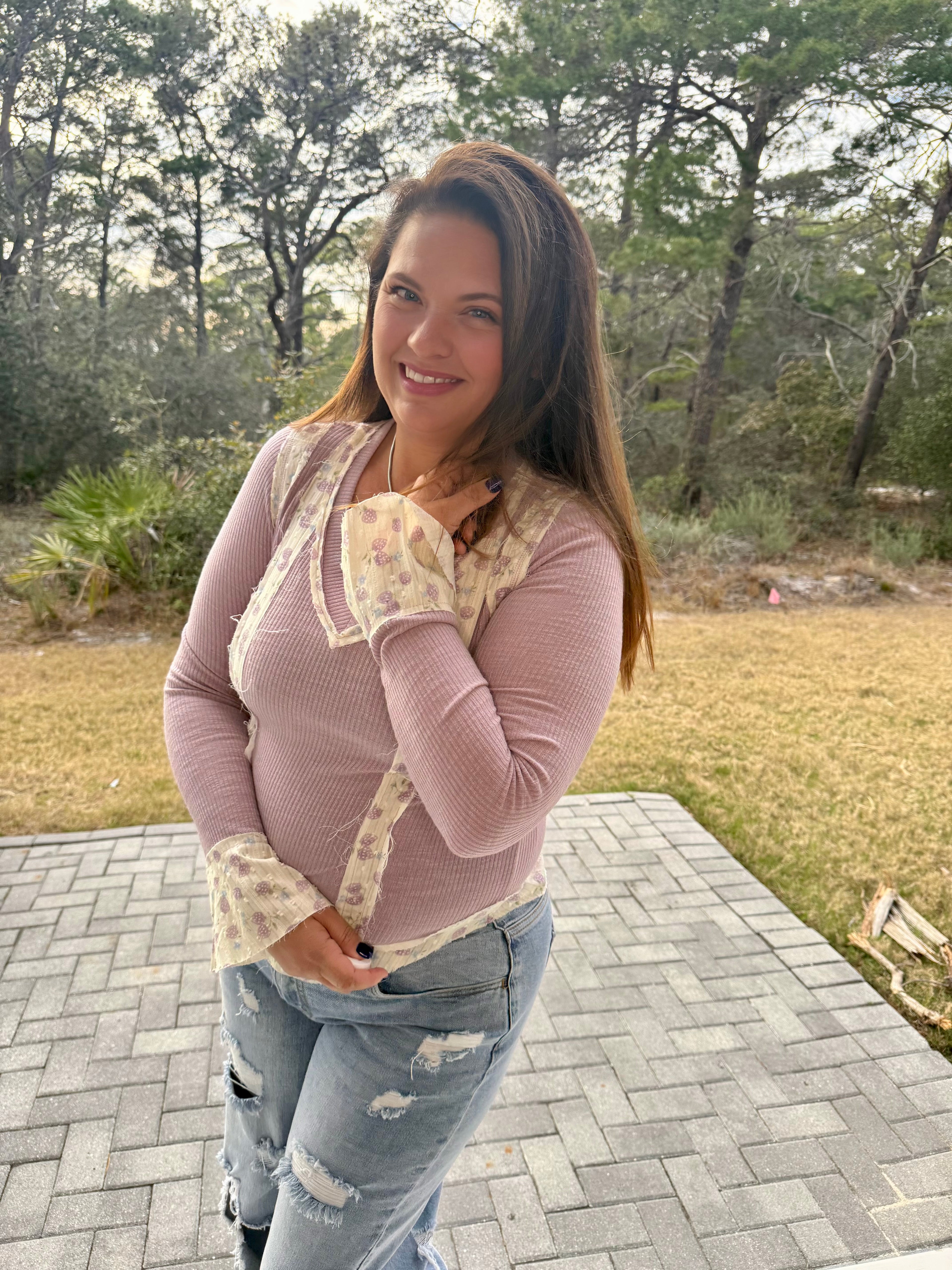 Long Sleeve V Neck Print Patch Ruffle Rib Knit Top by POL (Ships 2-3 weeks) - BFF Here