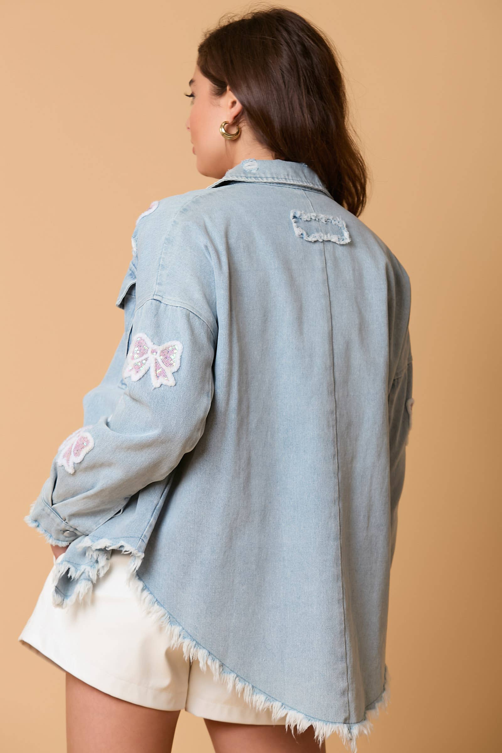 Bow Delight Frayed Denim Shacket - BFF Here