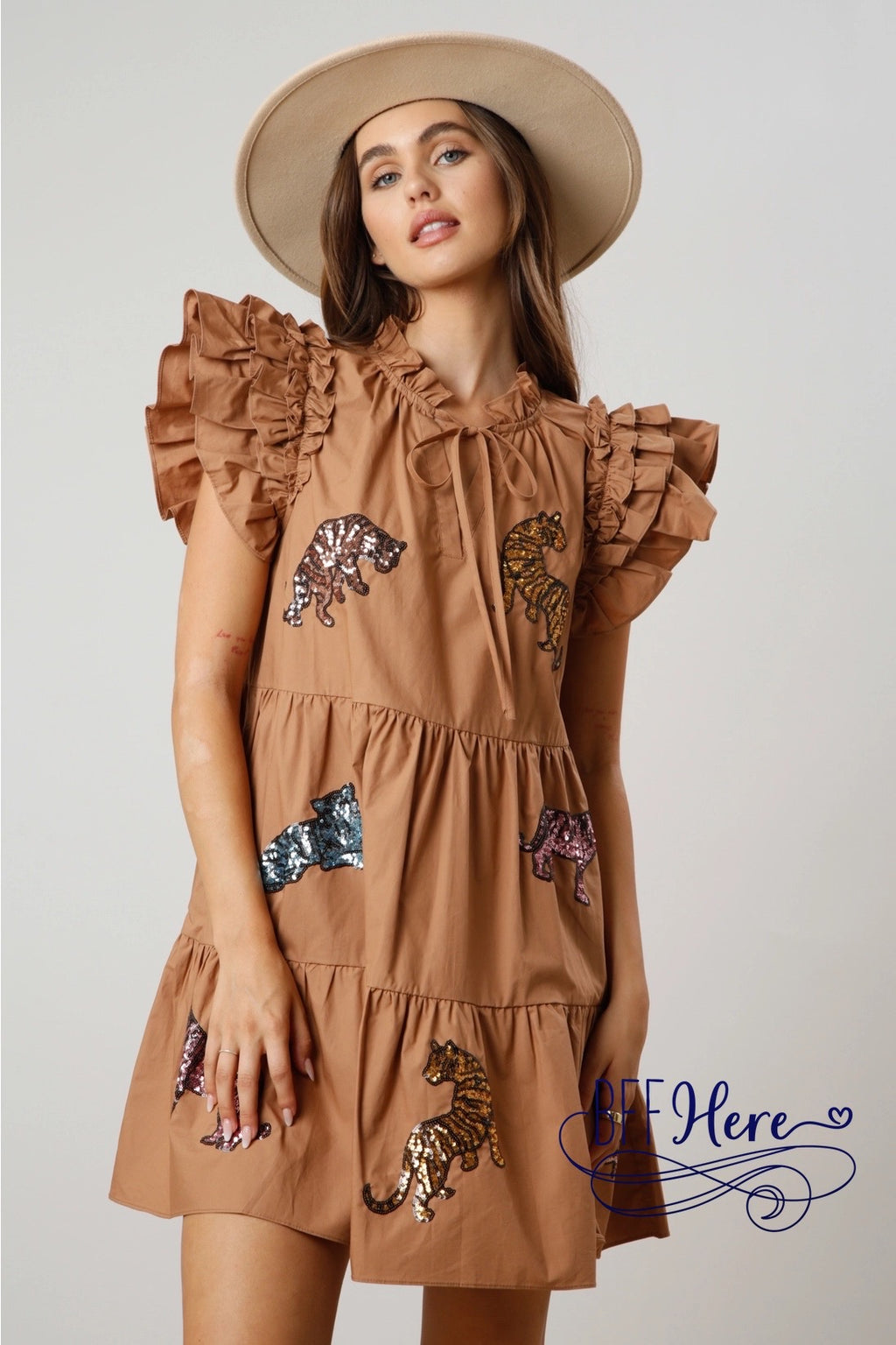 Glittering Jungle: Sequin Tiger Tiered Mini Dress / Choice of Color - BFF Here