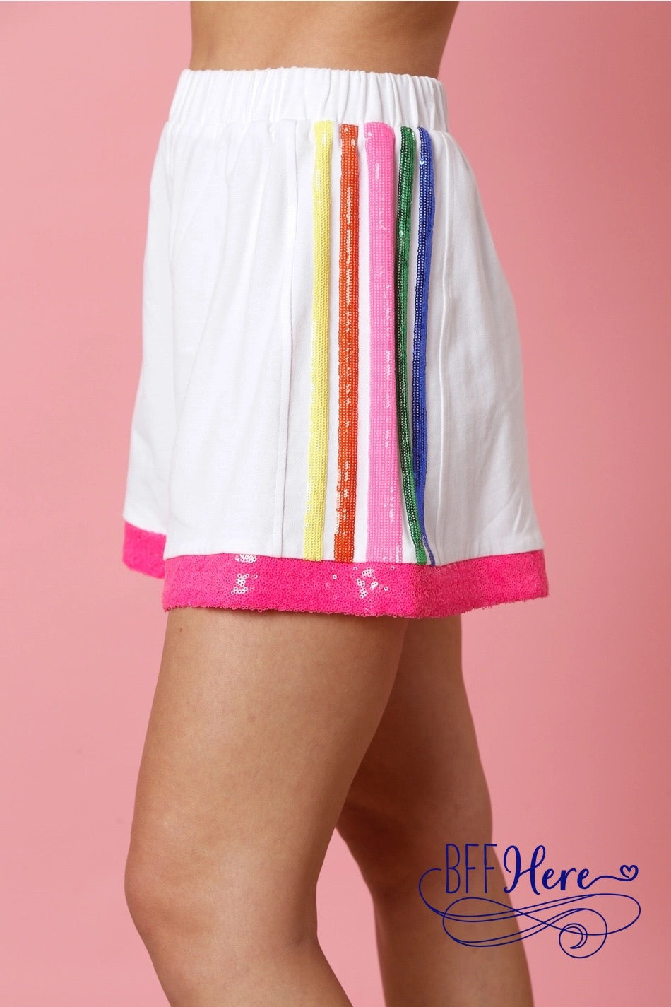 Prismatic Play: Rainbow Sequin Stripe Shorts - BFF Here