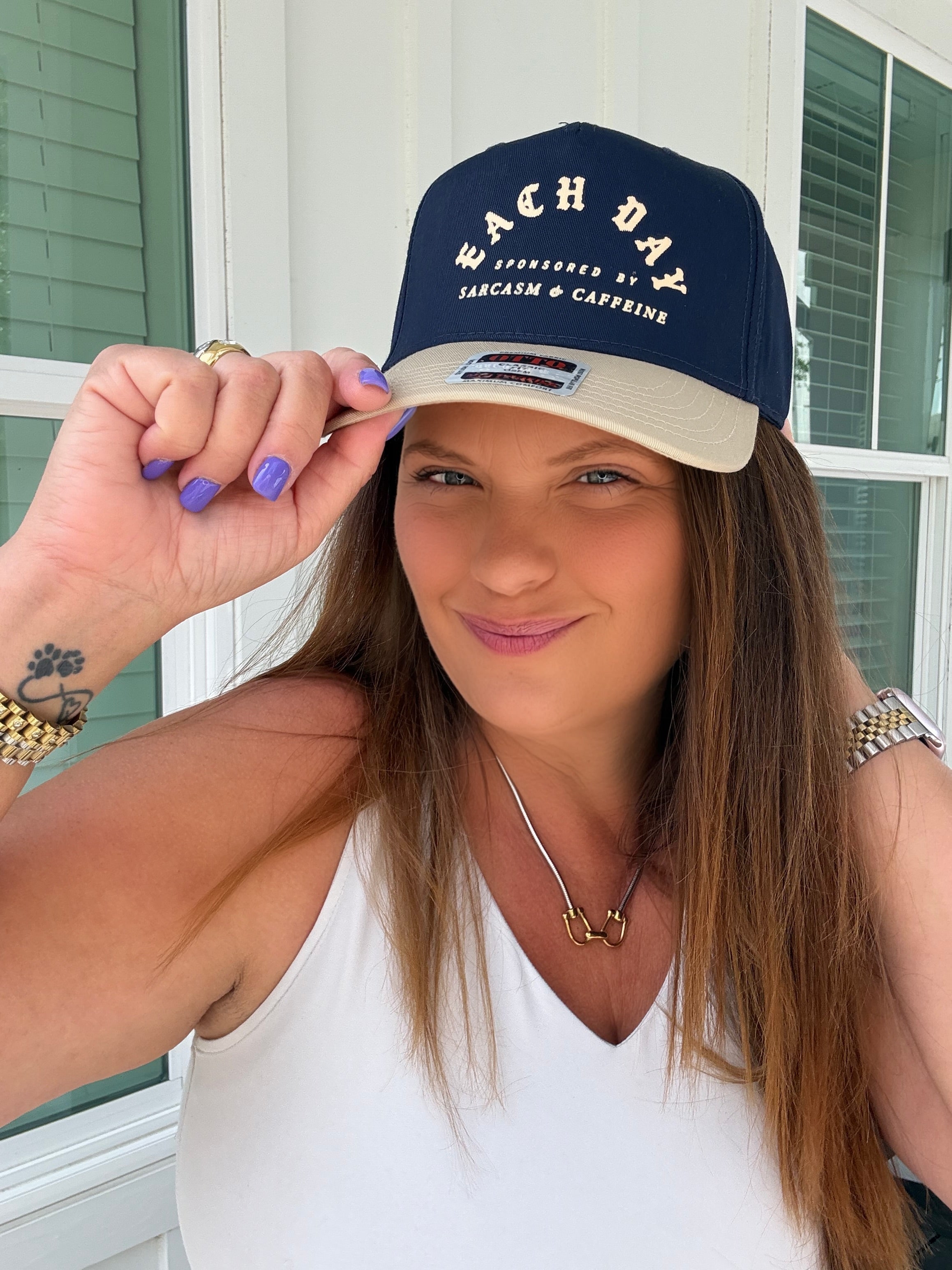 Each Day Sponsored By Sarcasm & Caffeine Navy/Tan Canvas Trucker by Southern Bliss (ARRAY) — Ships 2-3 weeks - BFF Here