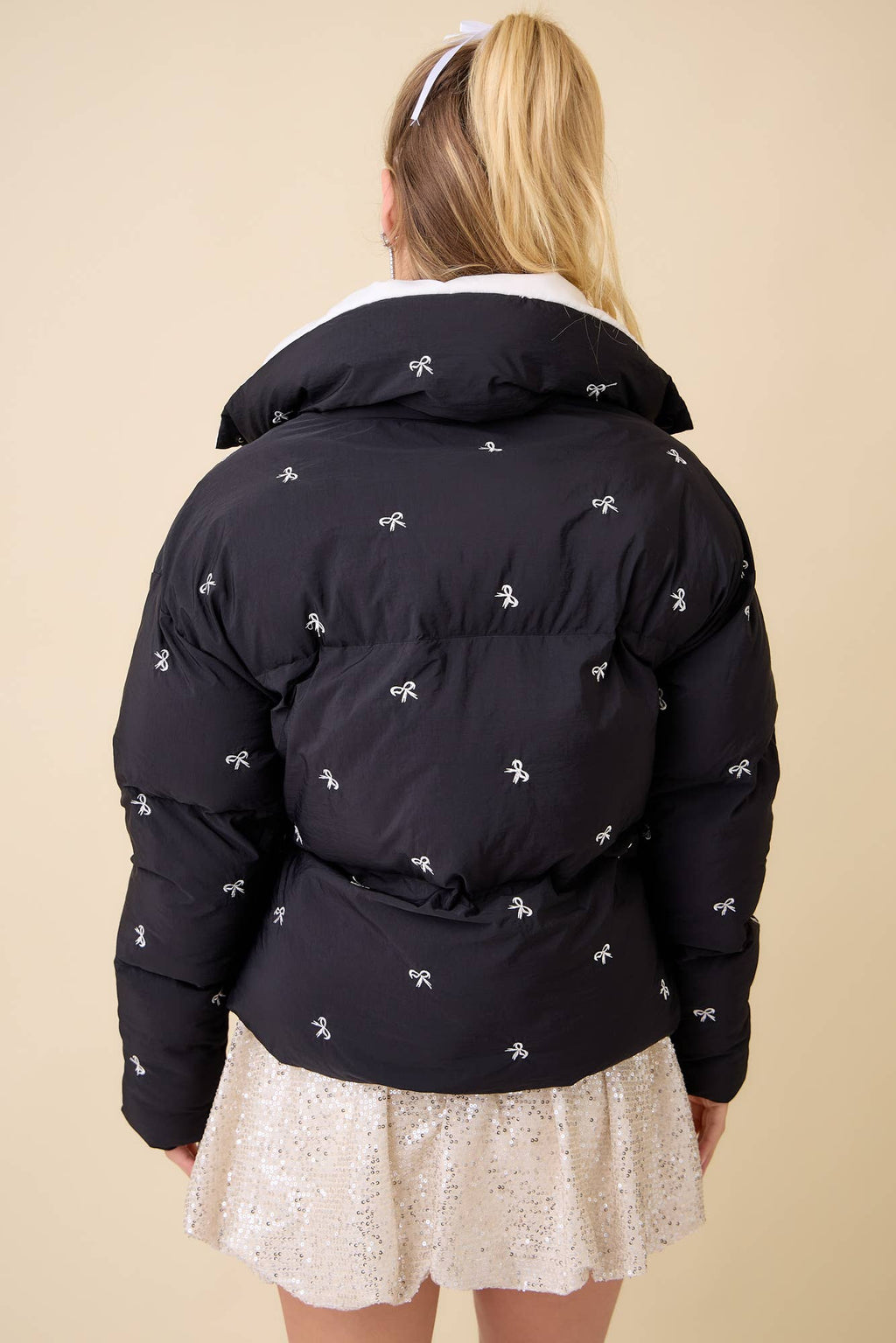Ribbon Bow Embroidered Puffer Jacket - BFF Here