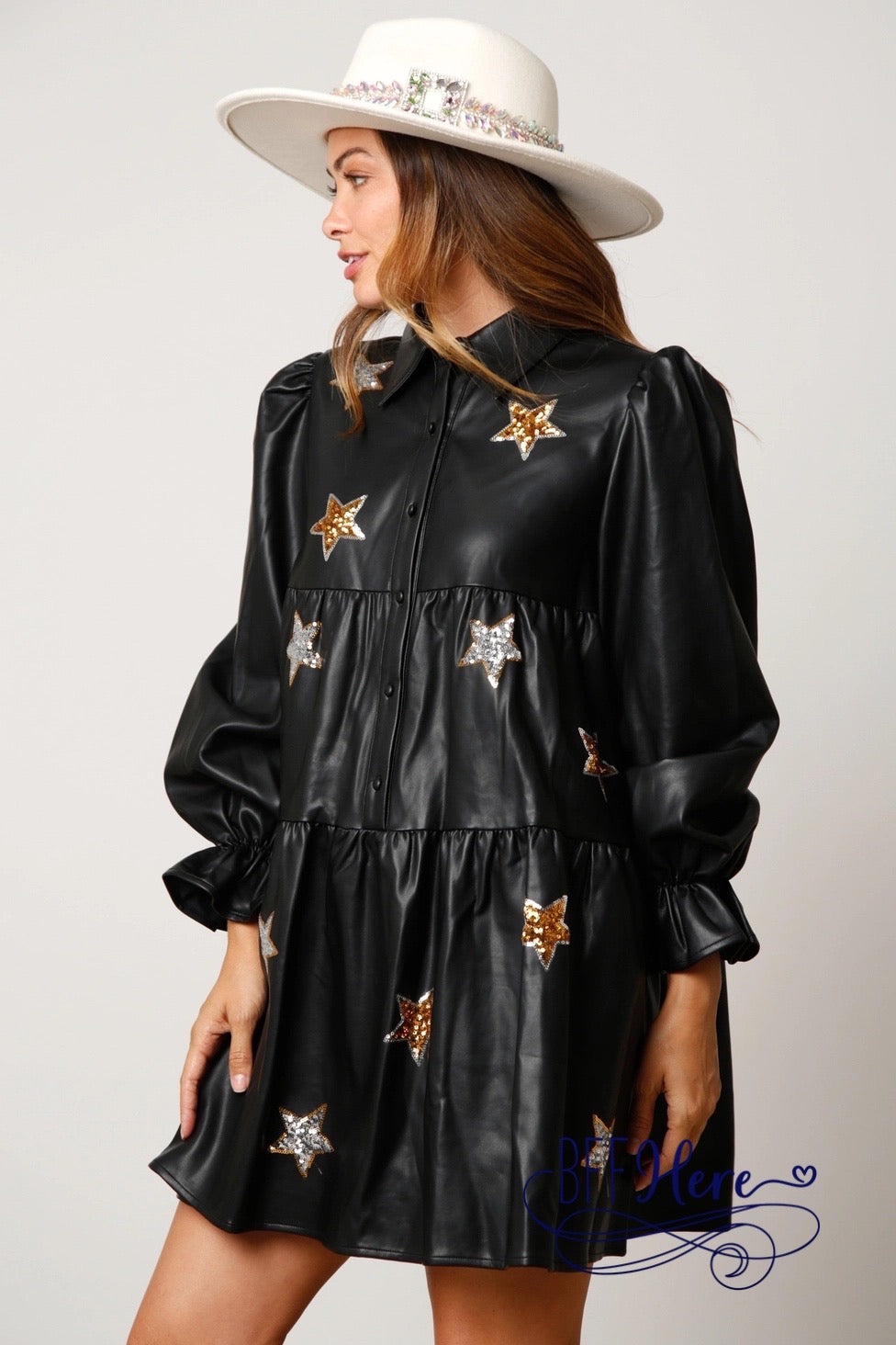 Midnight Spark: Leather Shirt Dress with Sequin Stars / Choice of Color) - BFF Here