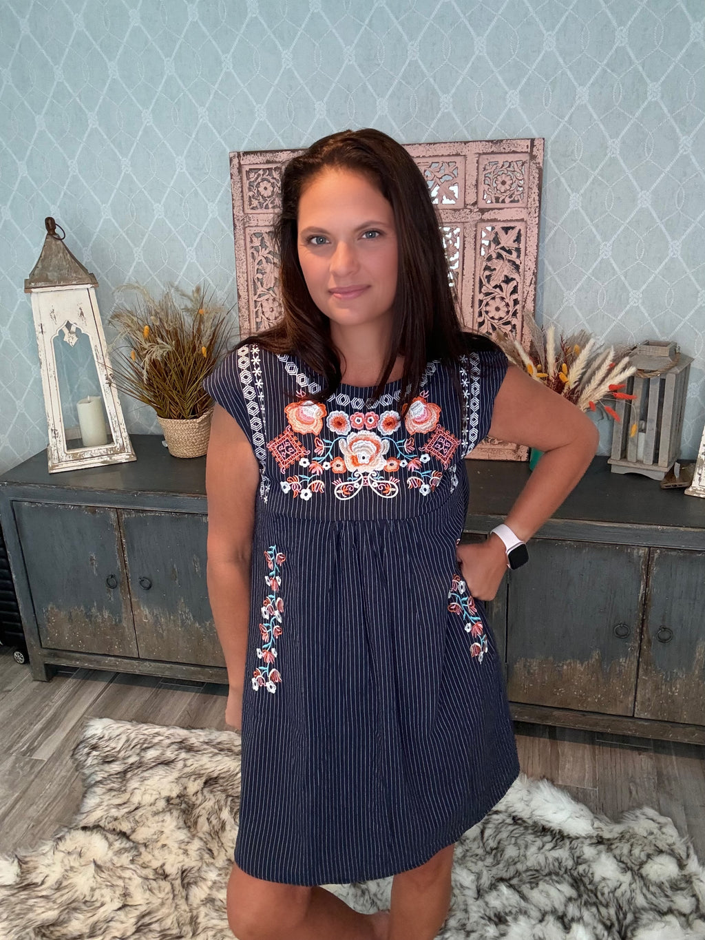 Folk Flair: Navy Sundress with a Pop of Floral Embroidery - BFF Here