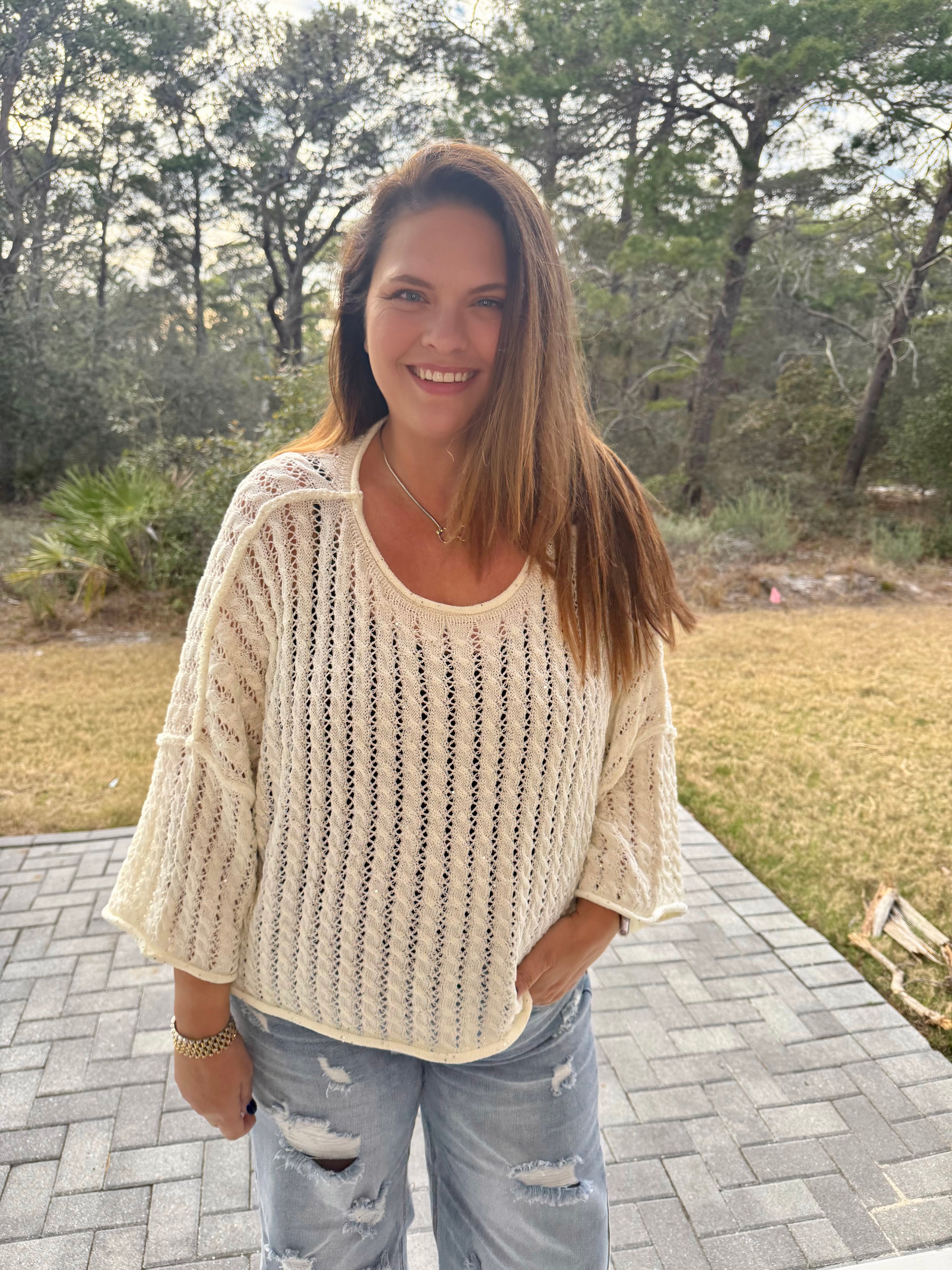 3/4 Sleeve Solid Shiny Thin Acrylic Sweater Cropped Top by POL (Ships 2-3 weeks) - BFF Here