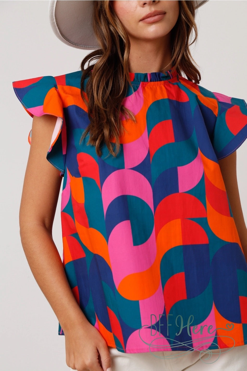 Geometric Grace: Chic Ruffle Neck Top - BFF Here