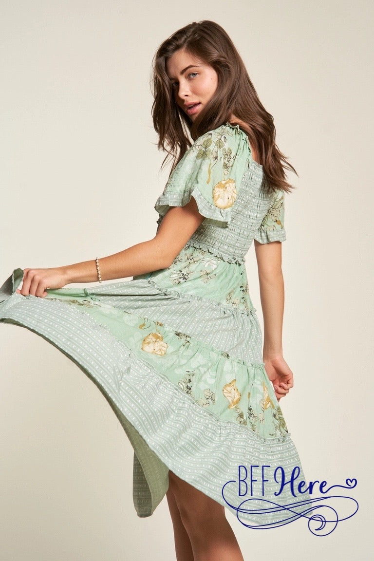 PREORDER: Botanical Bliss: Striped & Floral Smocked Ruffle-Tiered Dress (Ships Middle of February) - BFF Here