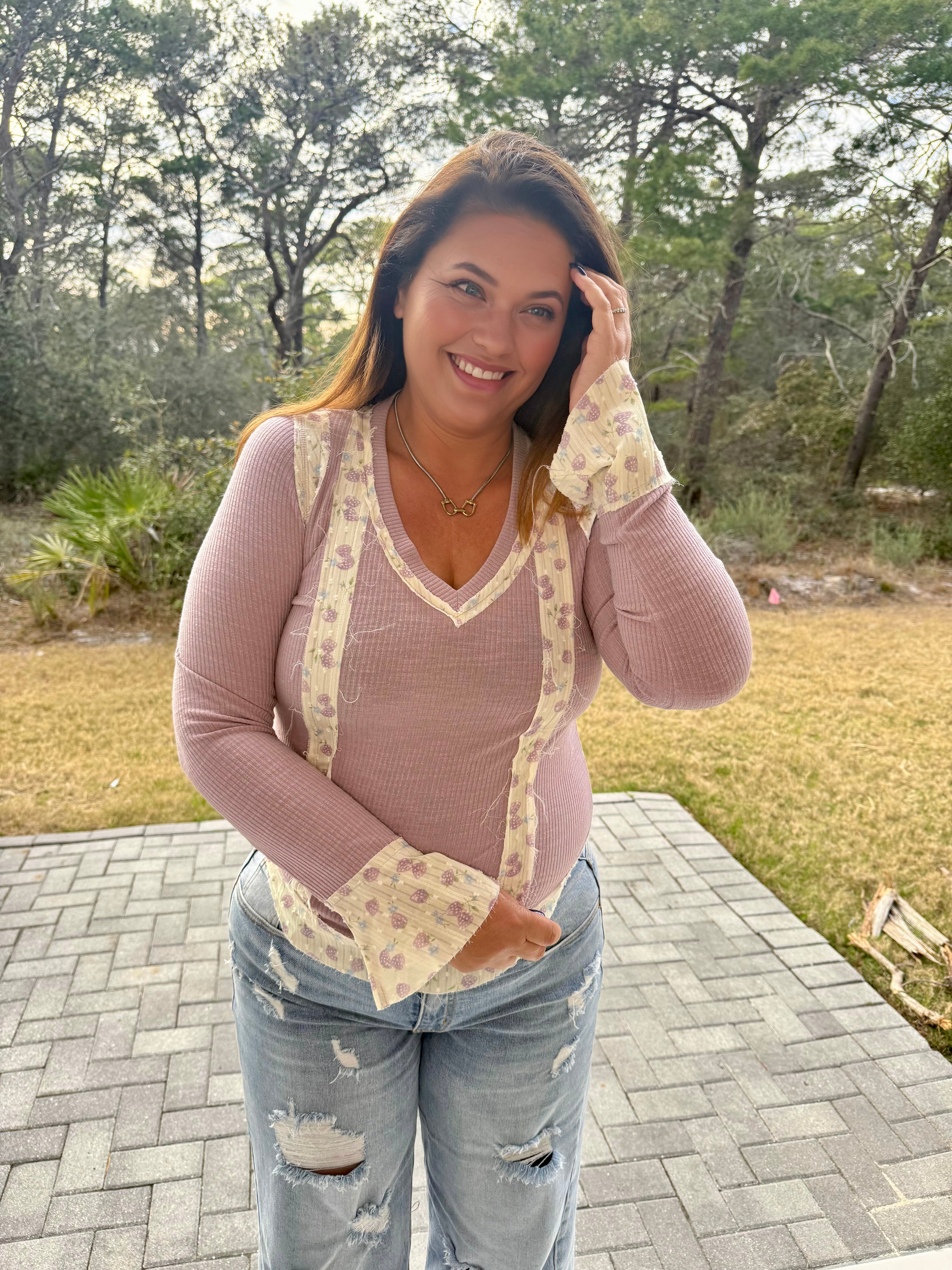 Long Sleeve V Neck Print Patch Ruffle Rib Knit Top by POL (Ships 2-3 weeks) - BFF Here