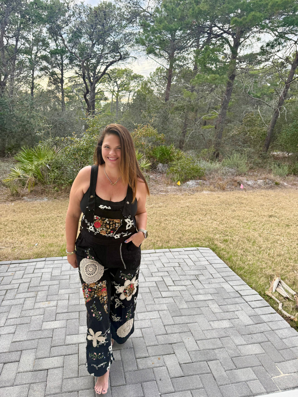 Floral Patch Stitch Detail Wide Leg Woven Overalls by POL (Ships 2-3 weeks) - BFF Here