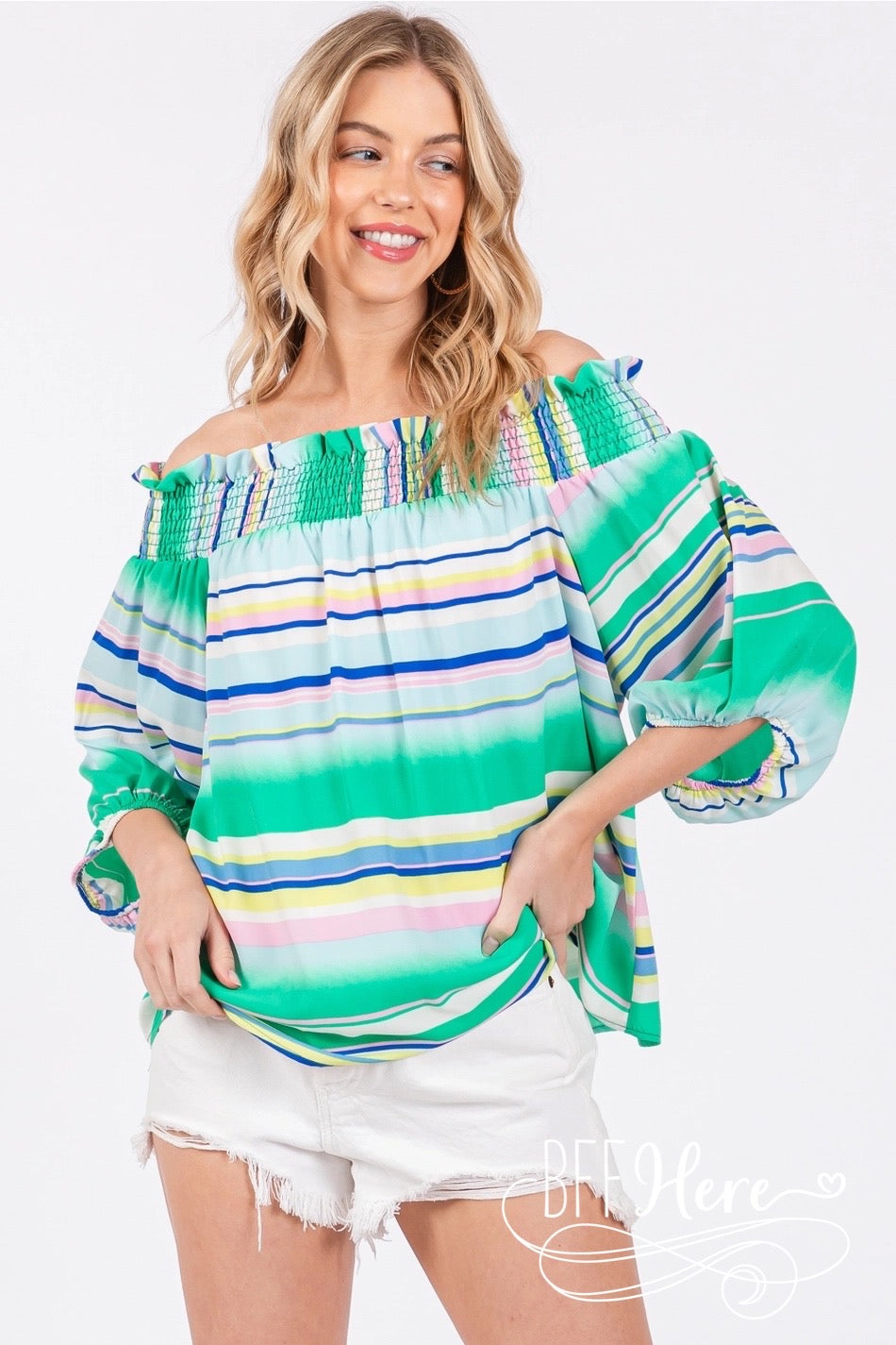 Sunset Stripes: Off-Shoulder Boho Blouse / Choice of Color - BFF Here