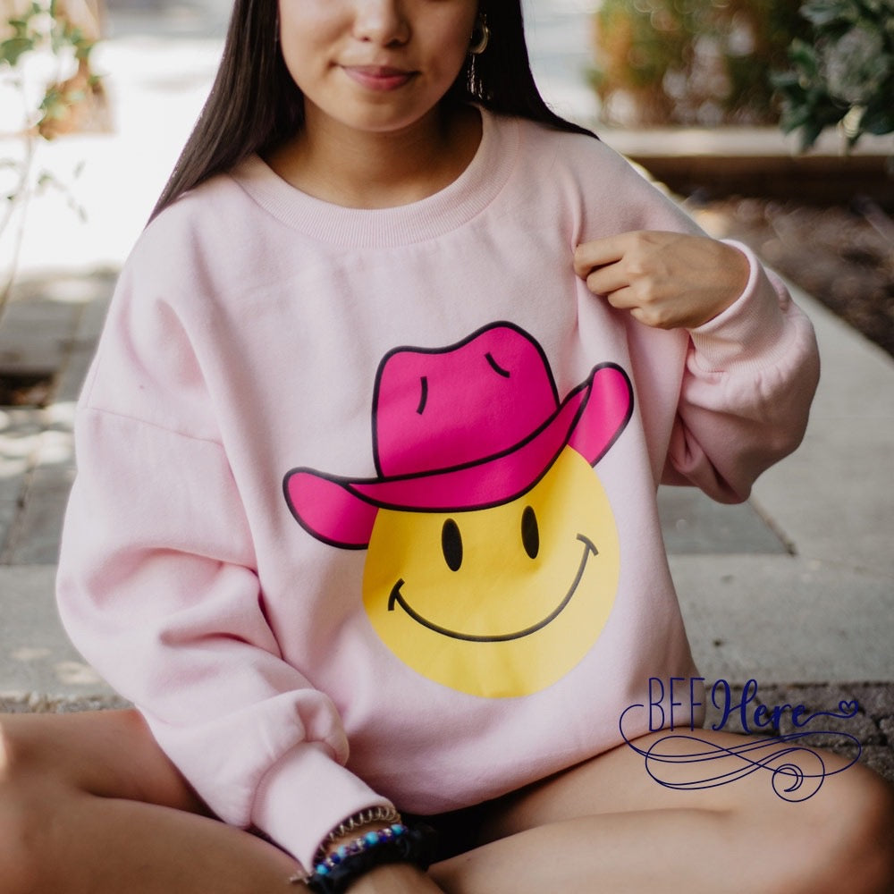 Rodeo Smiles: Cheerful Cowgirl Happy Face Cozy Sweatshirt! - BFF Here