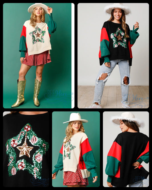 Festive Radiance Christmas Star Color Block Sweatshirt / Choice of Color (Black Ships Beginning of December) - BFF Here