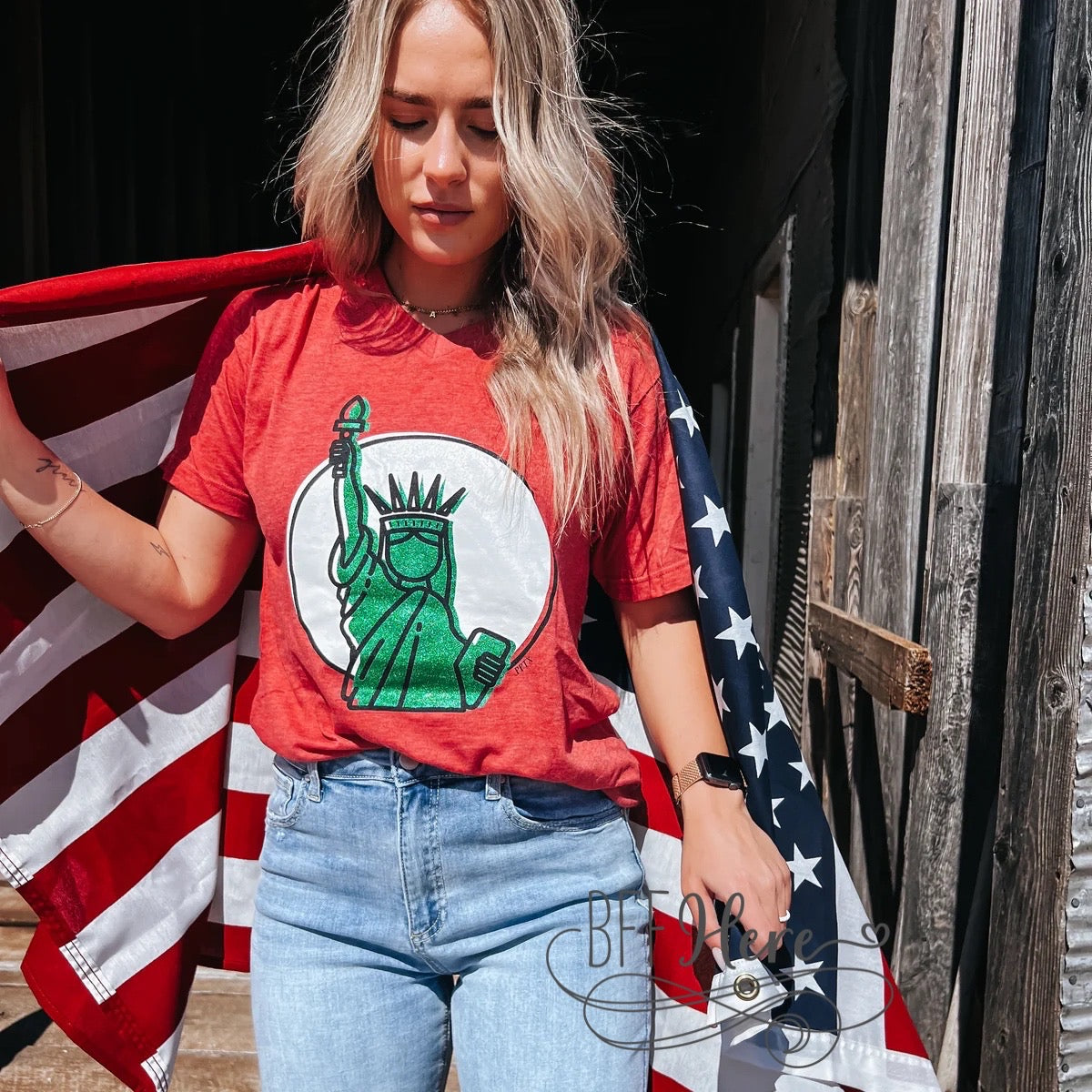 Twinkling Tribute: Glittery Lady Liberty Tee - BFF Here