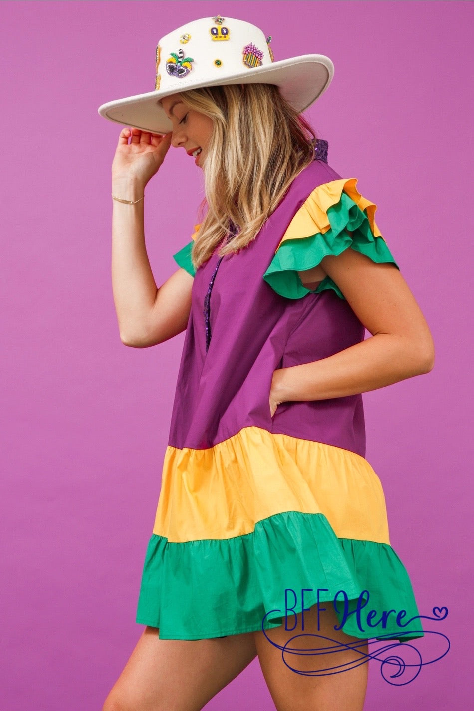 Mardi Gras Magic: Color Block Dress with Ruffle Sleeves - BFF Here