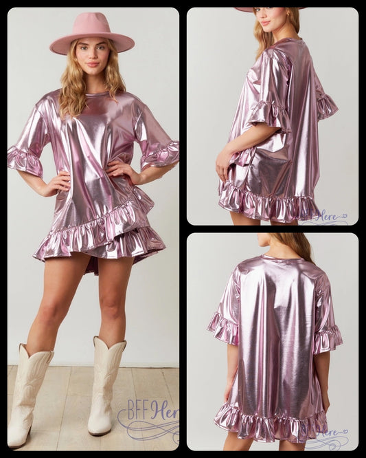 PREORDER: Rosy Metallic Elegance Ruffle Dress  (Ships Beginning of September) - BFF Here