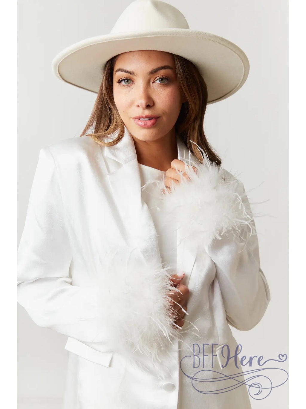 Glamorous Satin Blazer with Sleek Fur-Edged Sleeves - BFF Here