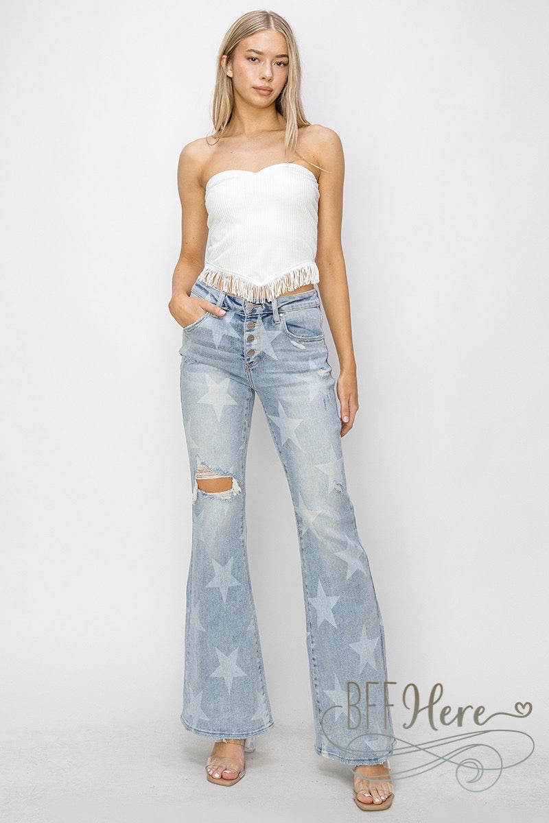 Starry Flare: Distressed Denim Jeans by Risen Jeans - BFF Here