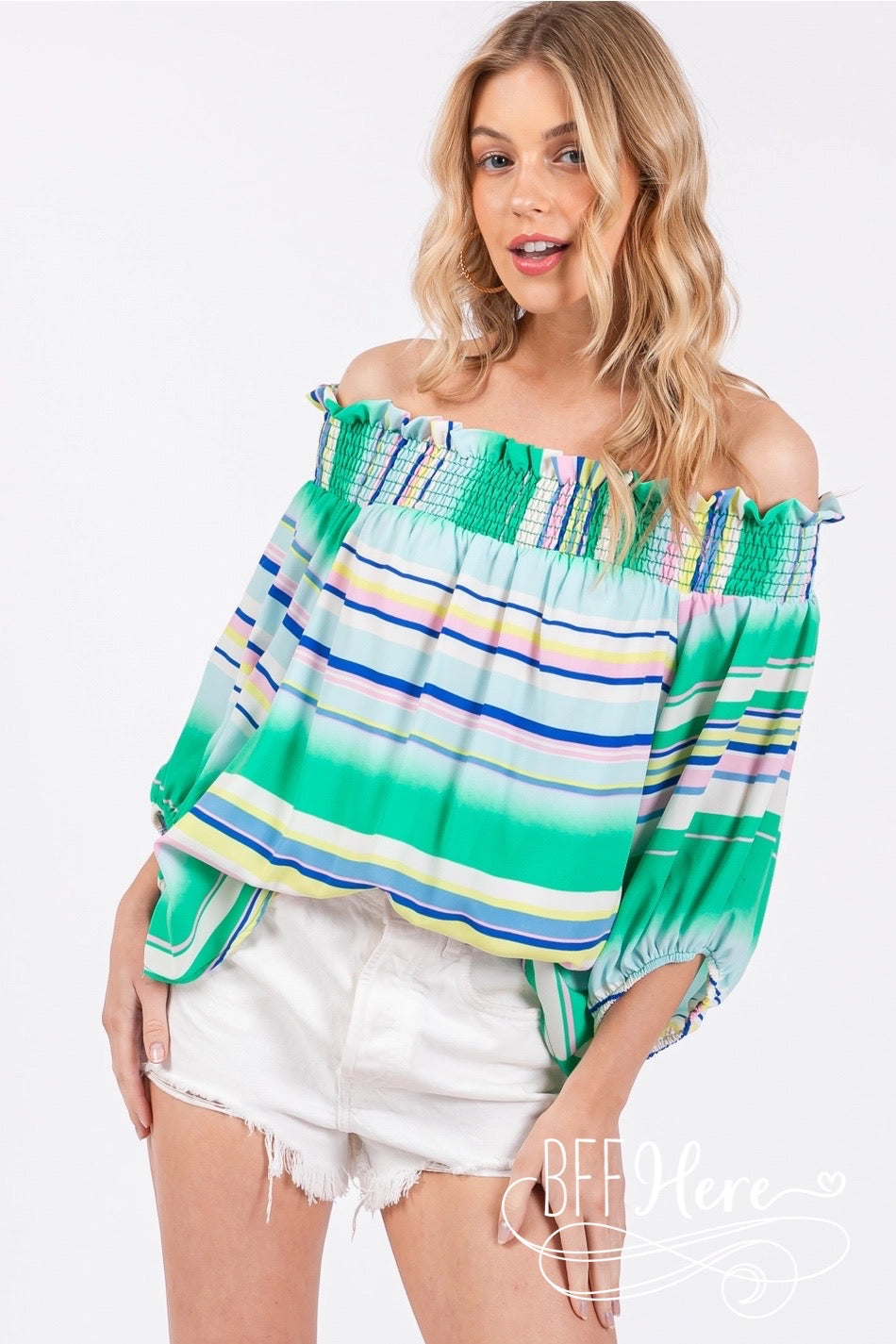 Sunset Stripes: Off-Shoulder Boho Blouse / Choice of Color - BFF Here