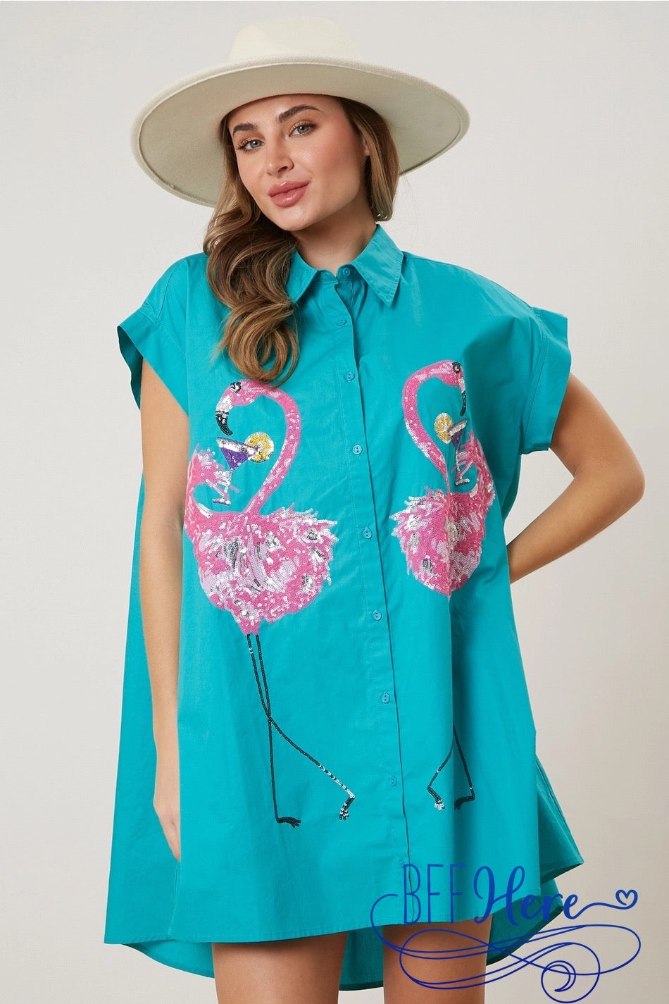 PREORDER: Glittering Flock: Sequin Flamingoes Shirt Dress (Ships End of February) - BFF Here