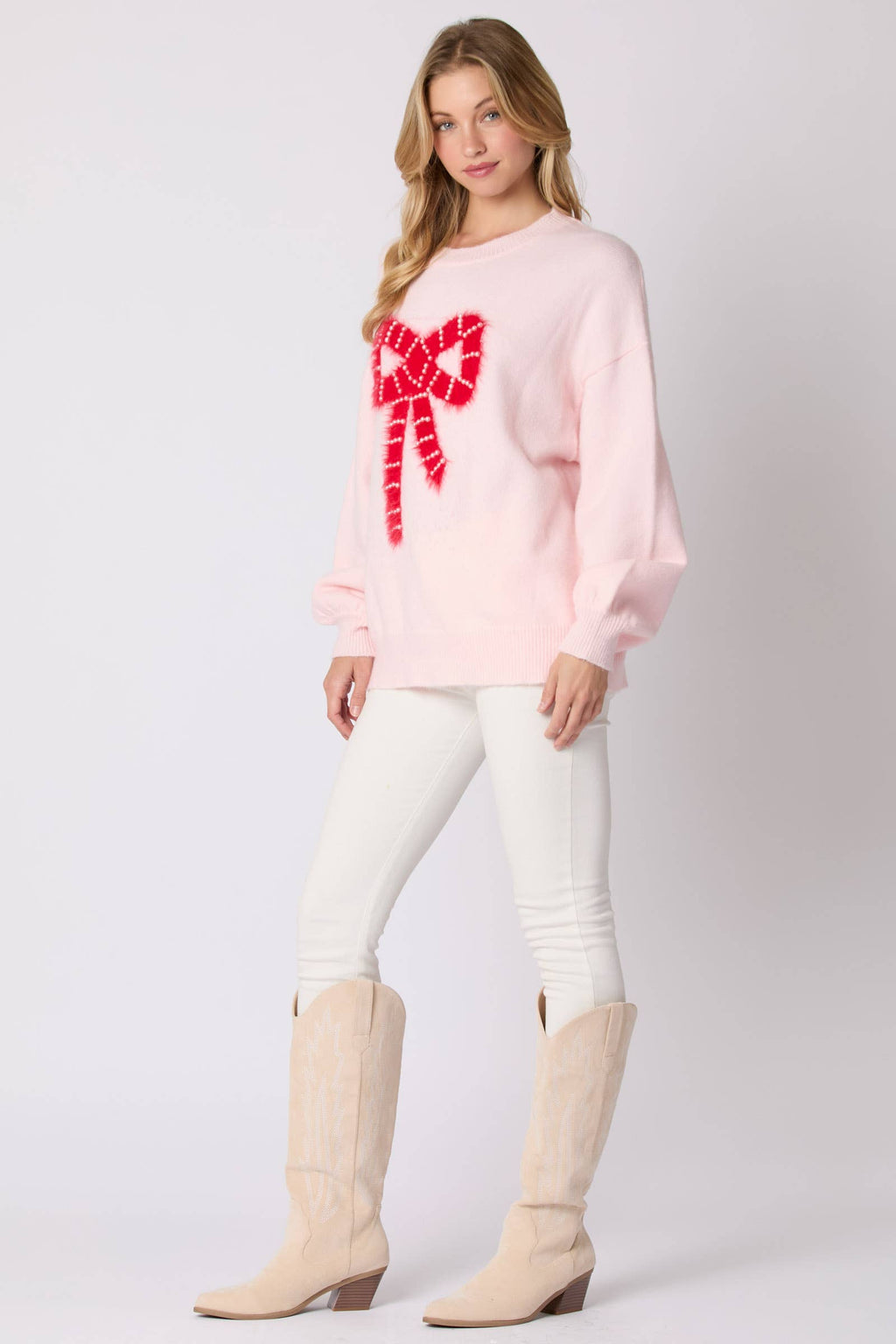 Tickled Pink Pearl Bow Sweater - BFF Here