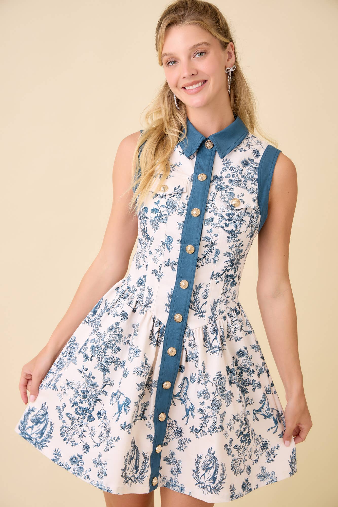Vintage Horse Toile Print Denim Mini Dress - BFF Here