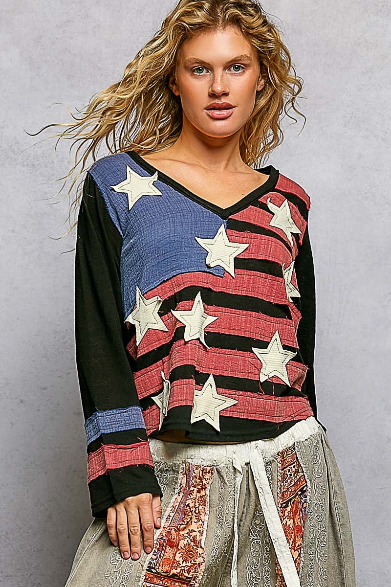 Vintage Washing V-Neck American Flag Patch Long Sleeve Top by POL (Ship time varies) - BFF Here