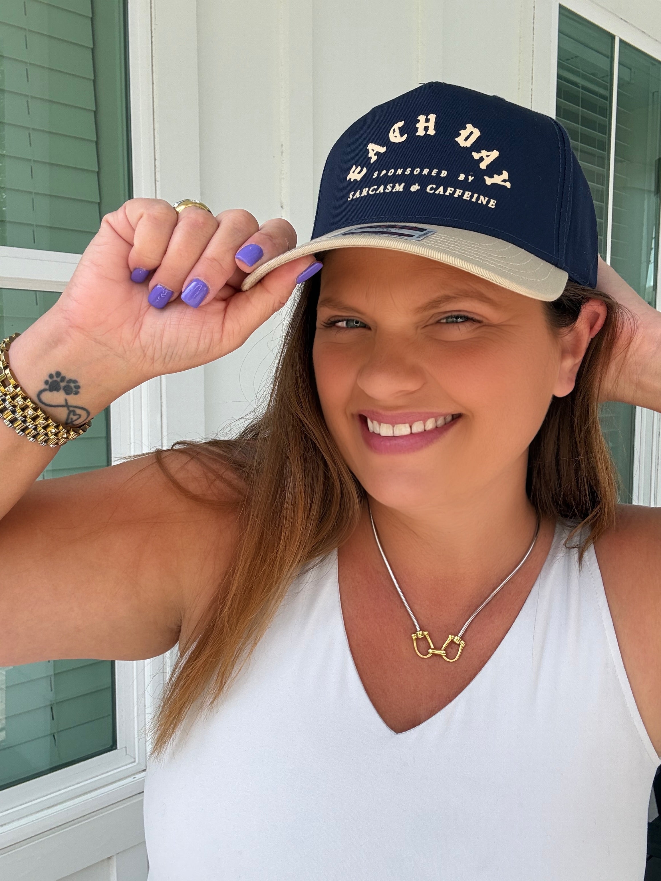 Each Day Sponsored By Sarcasm & Caffeine Navy/Tan Canvas Trucker by Southern Bliss (ARRAY) — Ships 2-3 weeks - BFF Here