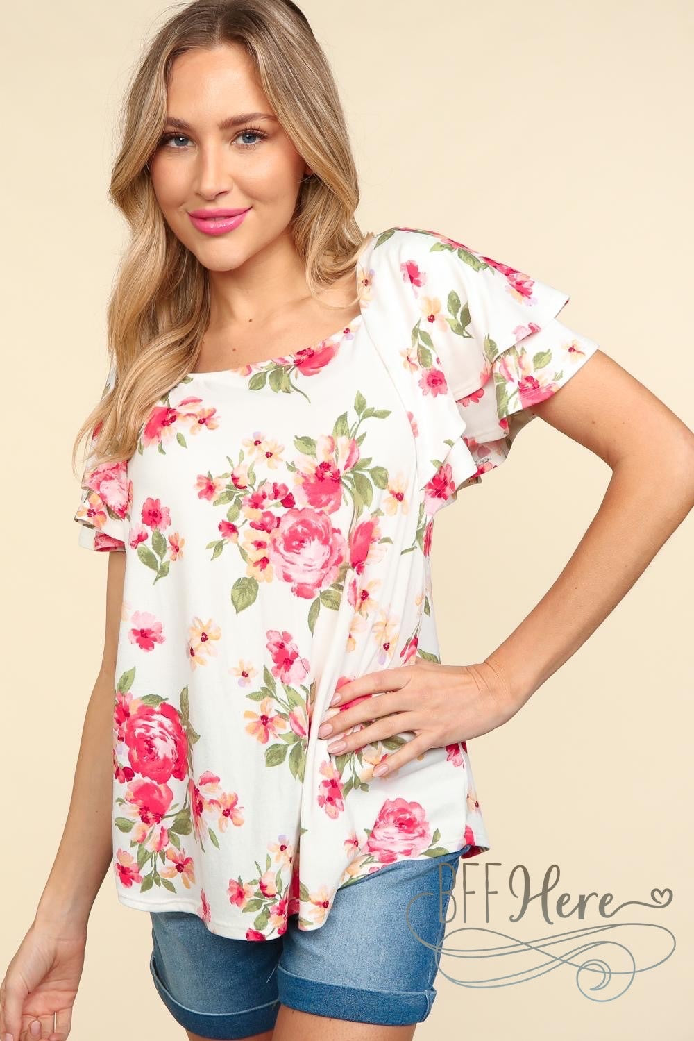 PREORDER: Rose Garden Whisper: Floral Draped Flutter Top (Ships End of May) - BFF Here