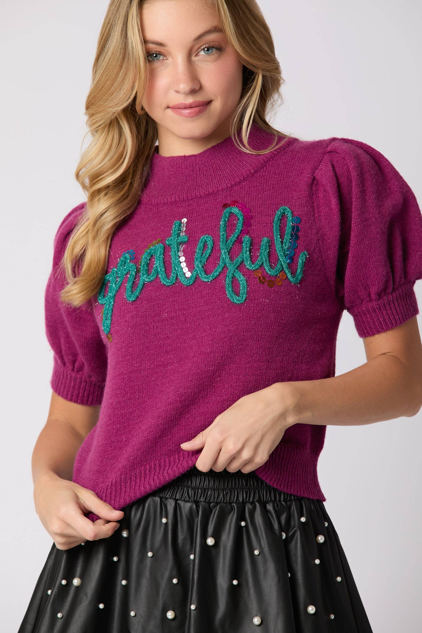 'Grateful' Puff Short Sleeve Sweater - BFF Here