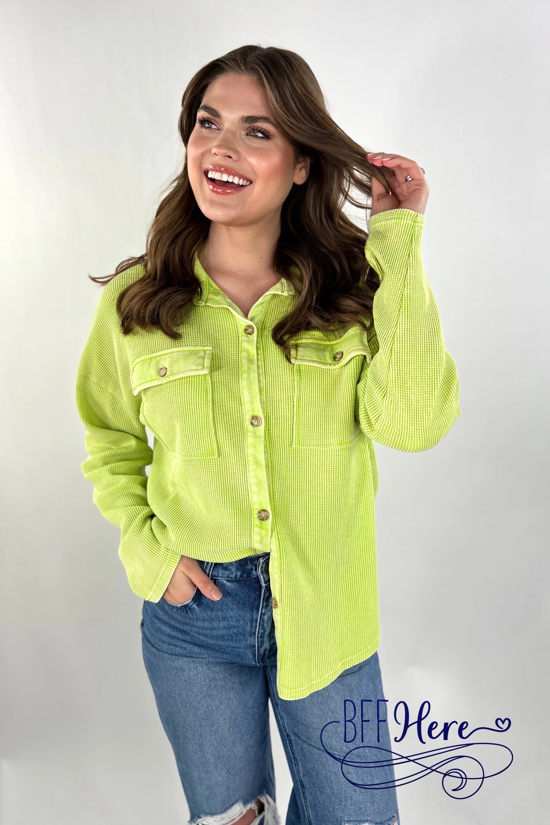 PREORDER-Shelby Waffle Button Up Top / Lime (Ships End of December ) - BFF Here