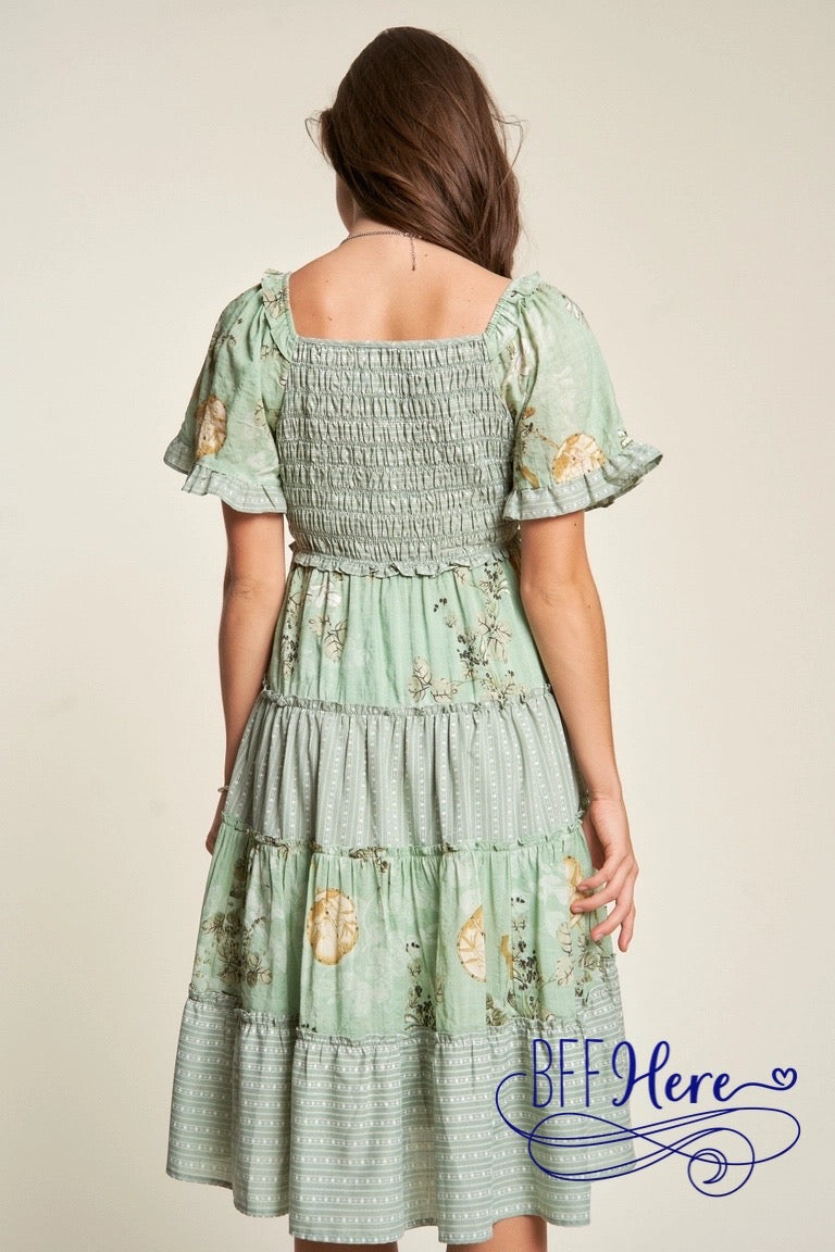 PREORDER: Botanical Bliss: Striped & Floral Smocked Ruffle-Tiered Dress (Ships Middle of February) - BFF Here