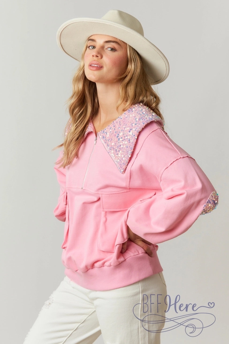 Elegant Fusion: French Terry & Sequin Half-Zip - BFF Here