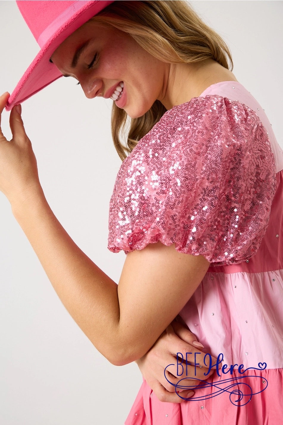 Blushing Layers: Pink Color Block Sequin Tiered Dress - BFF Here