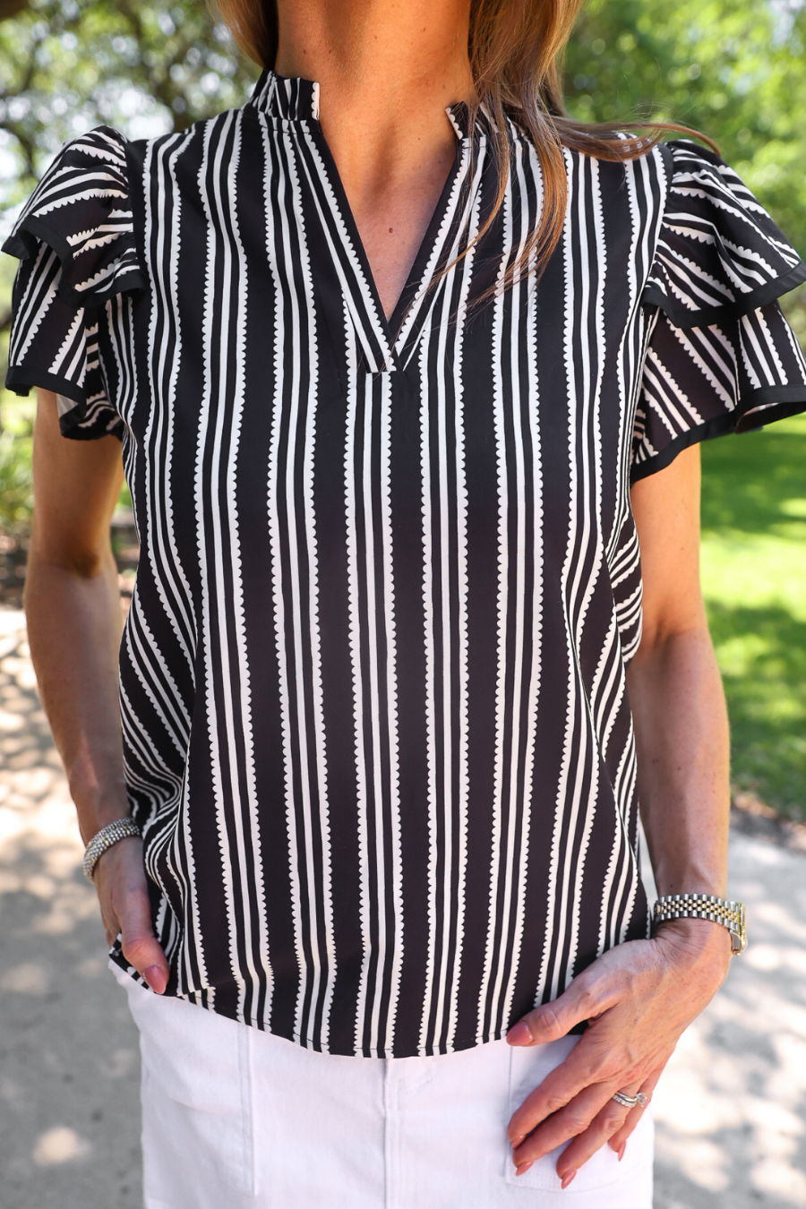 PREORDER: Layla Striped Flutter Sleeve Blouse / Black by Jess Lea (ETA: July)
