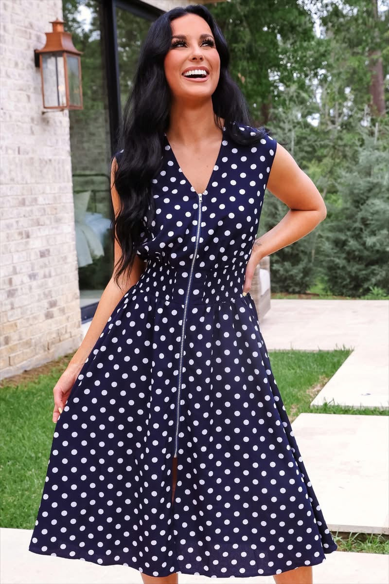 PREORDER: Annie Midi Zipper Dress / Navy Polka Dot by Jess Lea (ETA: June) - BFF Here