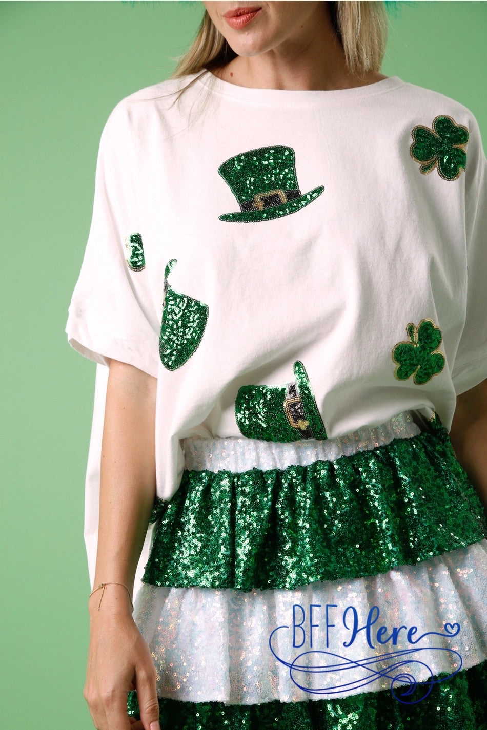 Sparkle & Shamrocks: St. Patrick's Sequin Clover & Hats Tee - BFF Here