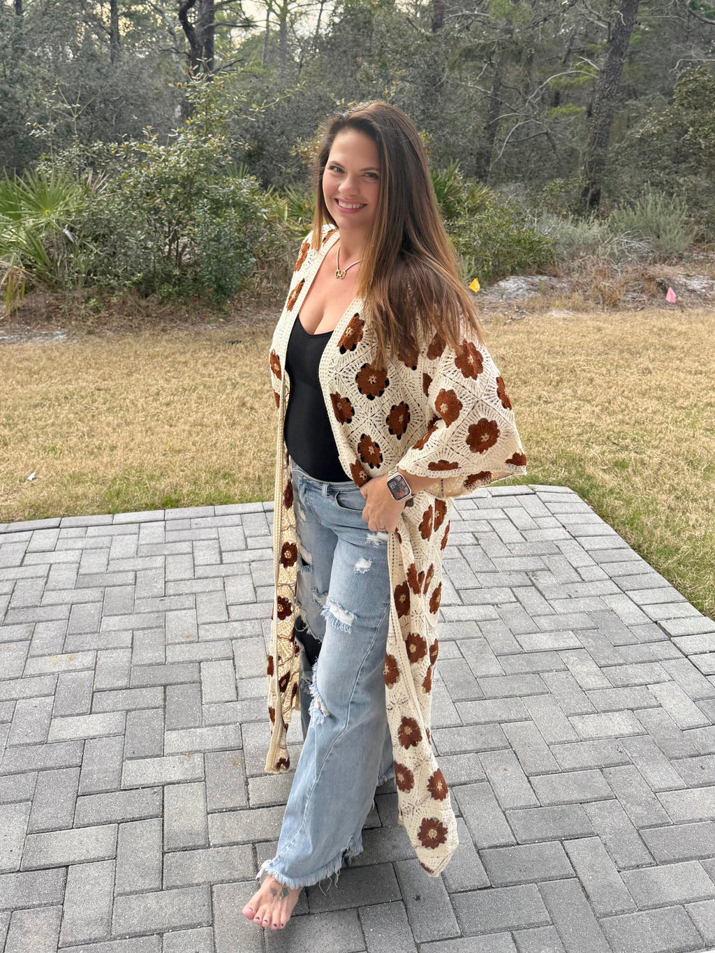 Preorder: Floral Pattern Crochet Maxi Open Cardigan Top by POL (ETA: March) - BFF Here