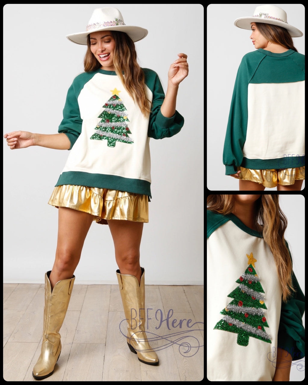 Yuletide Glam: Color Block Sequin Christmas Tree Sweatshirt - BFF Here